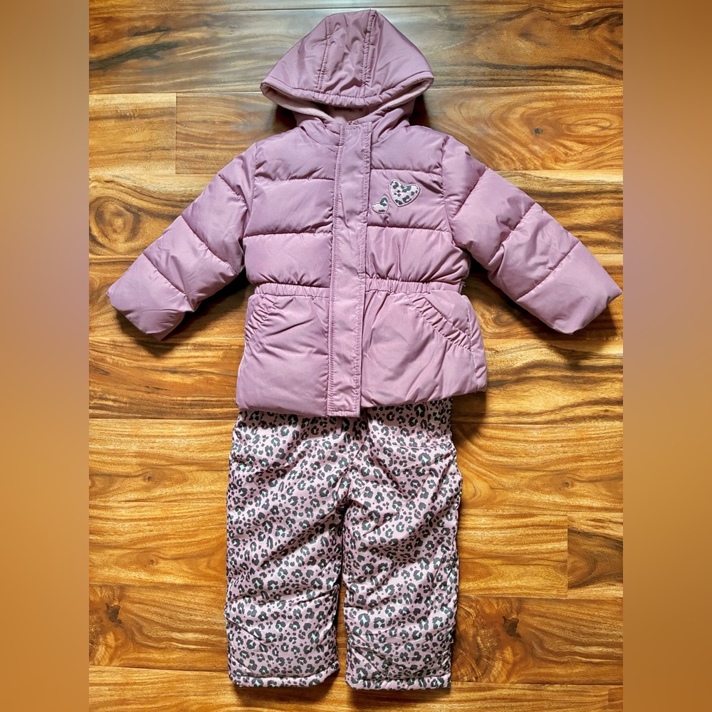 Mauve Puffer Jacket and Leopard Print Pants Set